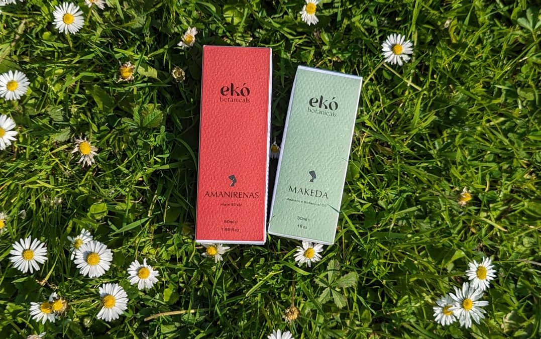 eko botanicals MAKEDA and AMANIRENAS oils on grass with daisy flowers
