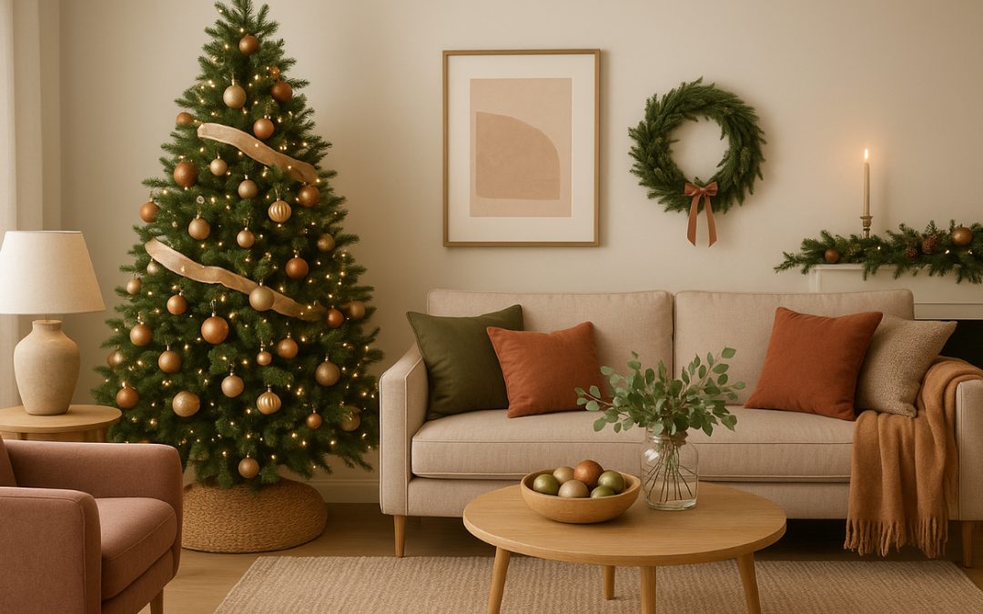 modern cosy living room decorated with mocha mousse, terracotta and greens (created by ChatGPT)